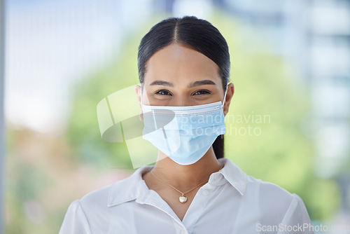 Image of Happy business woman, covid face mask for workplace and portrait of corporate professional in pandemic. Healthcare virus company policy for office safety, employee satisfaction and hygiene protection