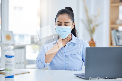 Image of Covid, sick and face mask woman at work in company office or workplace. Business worker with health, safety or female flu, sick or global healthcare corona virus infection and throat pain at table