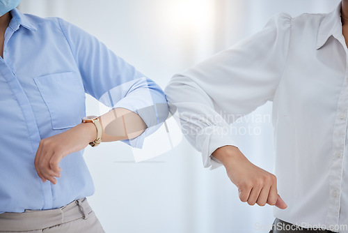 Image of Covid, arms and elbow greeting for business safety, rules and regulations for compliance at the office. Corporate people practicing social distancing at the workplace with safe arm touch or welcome