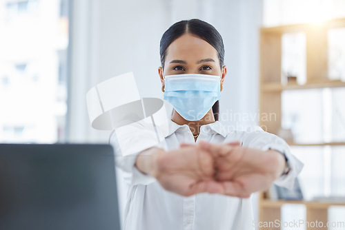 Image of Stretching, woman and doctor with covid face mask compliance in hospital, wellness and healthcare medical center. Portrait, medicine worker and insurance employee ready for consulting covid 19 people