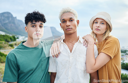 Image of Fashion, friends and summer with a man and woman friend group standing outdoor in nature for diversity, inclusion or acceptance. Portrait, lifestyle and real with young people posing together outside