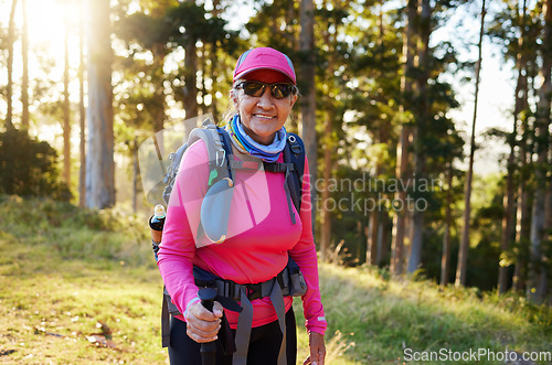 Image of Hiking, nature and summer with a senior woman in the forest or woods, walking for health and exercise. Trees, fitness and hike with an elderly female pensioner taking a walk in the mountain in summer