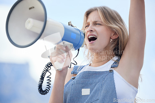 Image of Woman protest leader, megaphone in hand and speech support for human rights, freedom and ending racism. Angry female, leadership and communication for gender equality, lgbtq issues and global justice