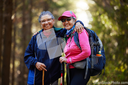 Image of Hiking, nature and happy senior women trekking on travel for fun adventure, fitness journey or retirement lifestyle. Portrait smile of elderly friends walking for health workout in India forest woods