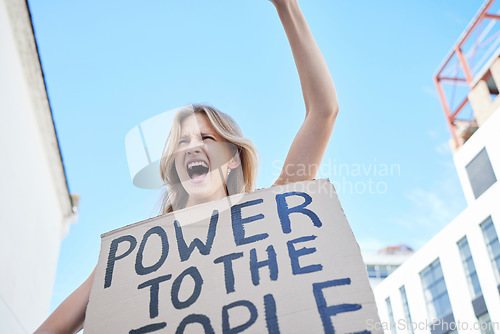 Image of Power to the people, sign and woman protest human rights freedom, justice and democracy in city social rally. Feminist shout, empowerment poster and support equality, community and society revolution