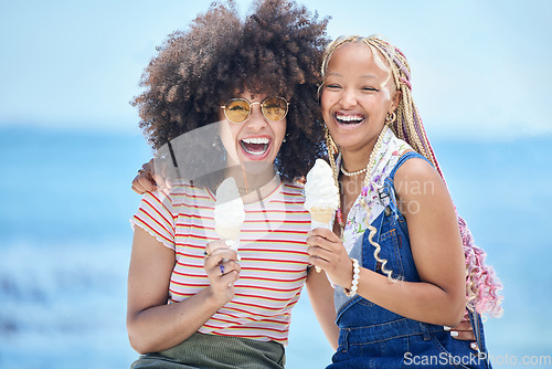 Image of Ice cream, summer beach and women friends eating in Miami for holiday travel, vacation and outdoor youth lifestyle with sunshine. Happy, diversity and fashion teenager with icecream dessert in summer
