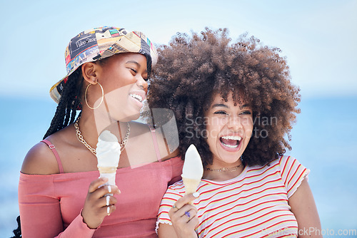 Image of Friends, ice cream and happy at beach in summer for vacation, relax or holiday. Black woman, smile and cone for dessert at ocean together in sunshine for fun, happiness and break in Rio de Janeiro