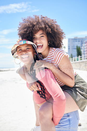 Image of Friends, gay and lesbian with women happy on piggyback and fun at beach in summer. LGBTQ, dating and trust with happy female and her girlfriend on holiday, vacation or travel by the coast in summer