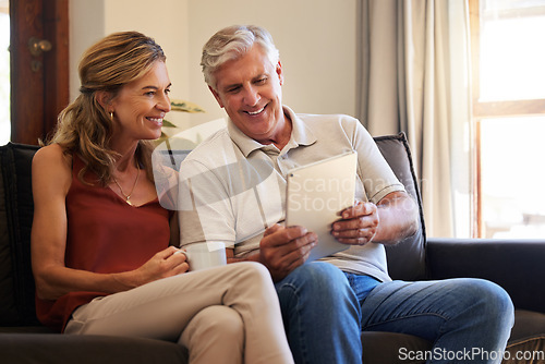 Image of Home, digital tablet and senior couple with website information, video subscription service or surfing social media app on sofa together. Elderly people networking or online retirement house planning