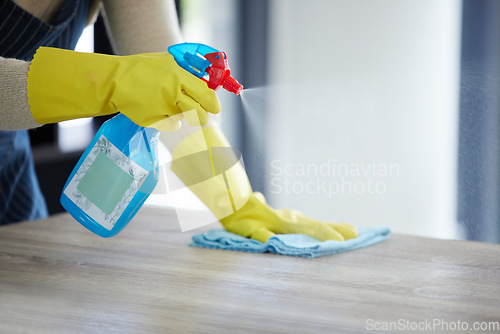 Image of Hands, spray bottle or cleaning cloth on house, home or office wood desk or table in germs, virus or bacteria maintenance. Zoom, woman or housekeeping cleaner service with product container or gloves