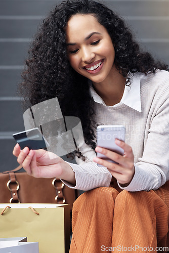 Image of Online shopping, payment and customer with phone and credit card for fintech online payment of sale product. E commerce banking, digital retail and black woman happy with gift card financial purchase