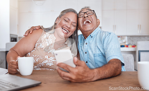 Image of Funny, smartphone and senior couple with comedy subscription, social media meme or mobile video call together at home. Love of elderly people with multimedia technology for retirement web networking