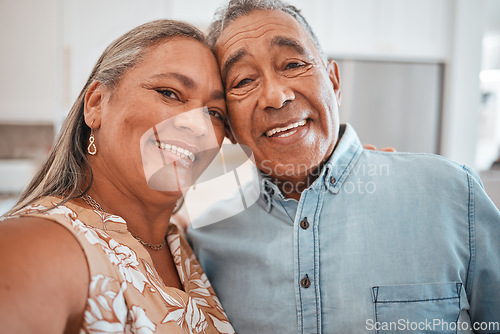 Image of Smile, selfie and happy old couple love bonding in a peaceful marriage commitment at home. Senior woman enjoys freedom, portrait and quality time in retirement with a calm elderly partner in Lisbon