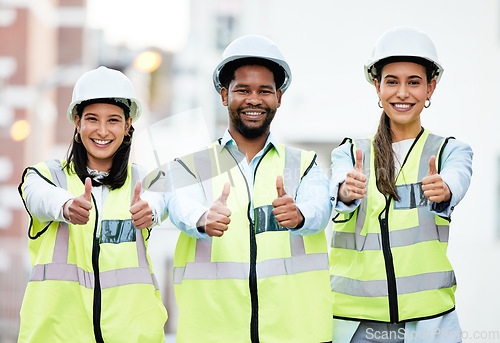 Image of Thumbs up, success and construction employees in collaboration for building goal in city of New Zealand together. Portrait of team of engineer workers with a thank you and agreement in architecture