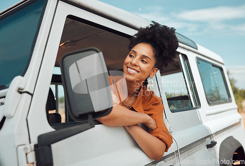 Image of Road trip travel, black woman and window freedom to relax in camping car, summer countryside and vacation adventure in Africa. Happy young female stop on van driving journey in nature for inspiration