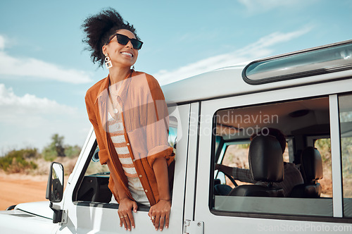 Image of Black woman on road, enjoying window view of desert and traveling in suv on holiday road trip of South Africa. Travel adventure drive, happy summer vacation and explore freedom of nature in the sun