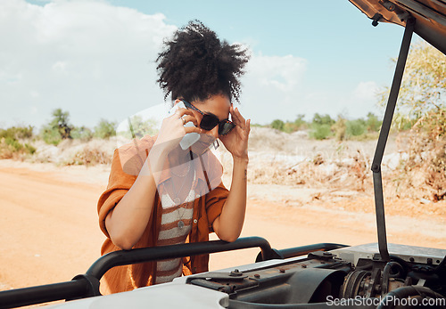 Image of Worried woman, phone call and engine problems speaking to engineer or mechanic on a desert road in nature. Stressed black female calling roadside assistance on smartphone for mechanical issues