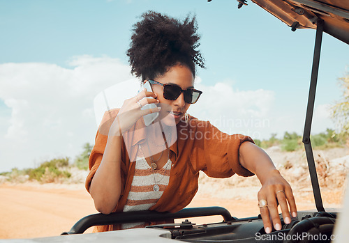 Image of Phone, call and road trip with a woman in need of roadside assistance after vehicle breakdown while on vacation. Car, travel and communication with a young female calling for help during an emergency