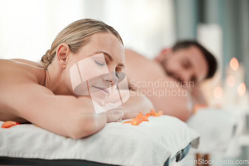 Image of Relax, couple and massage spa bed at pamper resort for calm and tranquil stress relief therapy day. Peaceful, satisfied and relaxed people dating enjoy comfort of body care and wellness treatment.