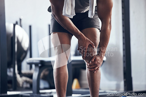 Image of Knee, legs and joint pain of gym man, athlete and training, workout or exercise in fitness club. Bodybuilder bone fracture problem, muscle injury and accident, health risk and sports trauma emergency