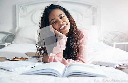 Image of Portrait college student studying in bedroom with research notebooks, exam reading and education project at home. Happy woman, young girl and academic school learning of knowledge in campus dormitory