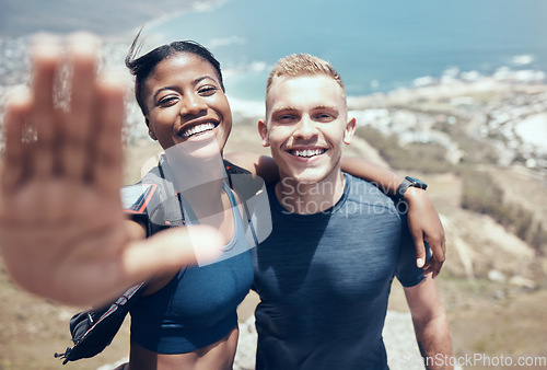 Image of Interracial couple, selfie or hiking on mountains in nature environment, Monaco landscape or remote countryside hills. Portrait, happy smile or black woman with fitness man in social media photograph