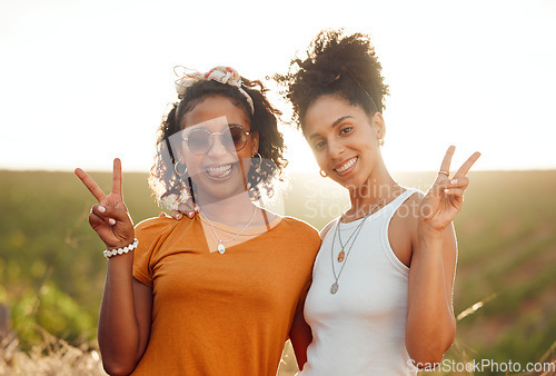 Image of Women, friends and happy with hands show peace on road trip, travel or vacation together. Black woman, smile and sign language showing harmony outdoor in happiness, solidarity and relax in summer