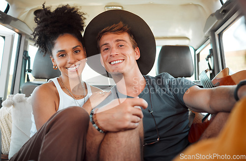 Image of Couple, road trip or bonding in camper travel on safari game drive in nature desert environment or Kenya landscape location. Portrait, smile or happy interracial man or black woman on camping holiday