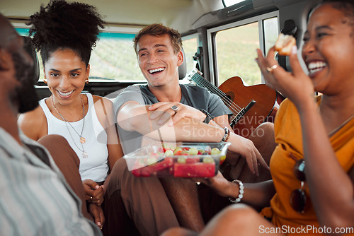 Image of Travel, road trip and friends in car with food while they laugh and relax on summer vacation. Interracial friendship with happy holiday people on picnic break together with fruit in vehicle.