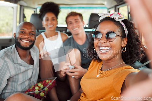 Image of Selfie, smile and friends on a road trip in car for travel adventure together. Portrait of happy, excited and young group of people with photo for social media in a van for transport while on holiday