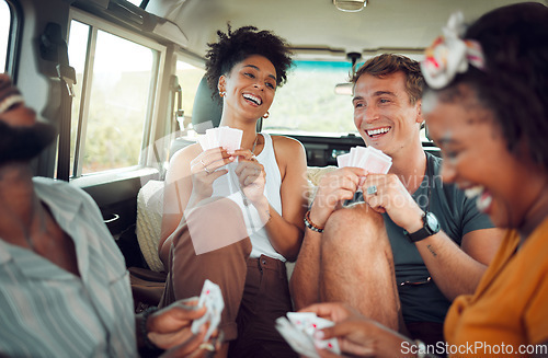 Image of Friends, car road trip and game of card for diversity group of people bond and enjoy quality vacation time together. Transport travel, freedom smile and happy gen z students play fun match on holiday