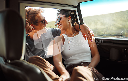 Image of Travel, happy and road trip love of a couple together ready for a car summer holiday trip. Happiness and smile of a boyfriend and girlfriend relax on a motor transportation drive break in the sun