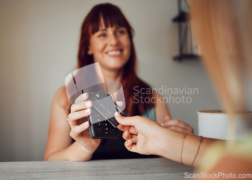 Image of Credit card, cafe customer and rfid payment at cashier, waiter service and point of sale machine. Worker hands process finance, money and retail shopping, cash register and fintech pos in coffee shop