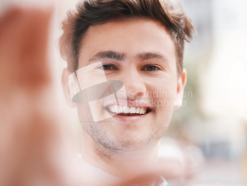 Image of Businessman, face and selfie in city travel, work commute or office lunch break in Canada. Zoom, portrait or happy smile pov of worker, employee or entrepreneur with creative startup vision and goals