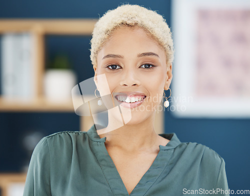 Image of Happy, smile and young black business woman, entrepreneur and employee in modern office of New York. Portrait face of creative startup manager working motivation, vision and trust in marketing agency