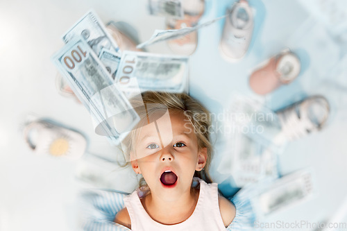 Image of Child, dollar and shoes above with wow, excited or surprise look on face in mockup for saving, sale or retail shopping. Finance, money and investment for learning, financial and education of girl