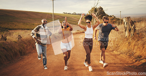 Image of Safari, walking and friends singing on holiday in nature of Cairo together in summer. Group of playful, comic and funny people with dance on walk in countryside while on adventure vacation for peace