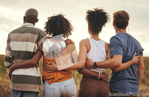 Image of Friends together, travel and adventure, embrace at sunset on roadtrip in countryside during summer holiday. Support, diverse men and women bonding, peace and relaxing outdoor in nature at dusk