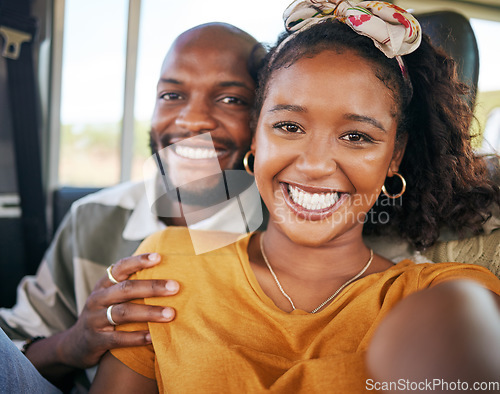 Image of Selfie, road trip and couple with a black woman and man on a car during a holiday or vacation together. Happy, relax and love with a young male and female in a vehicle for romance and bonding