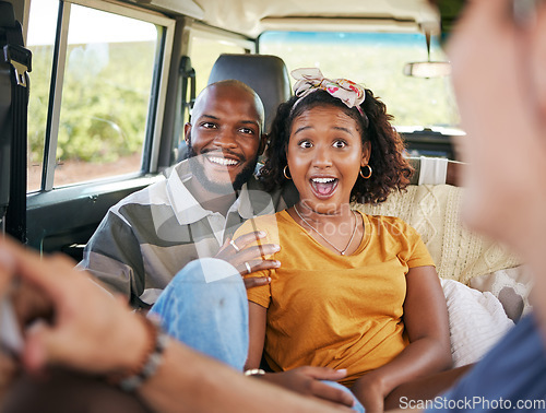 Image of Road trip, couple in van travel and experience countryside adventure holiday together. Summer safari adventure, happy black couple relax in a caravan and listen to nature tour guide with a wow smile