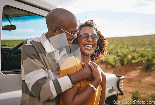 Image of Travel, love and black couple on a road trip in nature on a happy summer holiday or vacation outdoors. Smile, happiness and fun woman hugging, bonding and relaxing with partner on a romantic journey