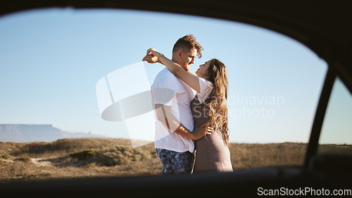 Image of Love, couple and hug on a holiday, travel and being happy, relax and on road trip outdoor celebrate romance. Romantic, man and woman on vacation, trip and getaway being loving and hold each other.
