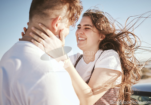 Image of Road trip, couple and happy to travel with love and adventure together on summer vacation, hugging and smile. Young man and woman, romantic getaway and affection, intimacy and carefree in nature.