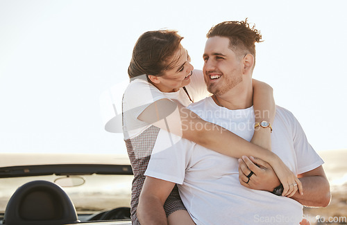 Image of Couple, love and road trip travel of real people with a hug and smile in the sun and nature outdoor. Happy girlfriend and boyfriend with quality time and sunshine happiness on a relax break together