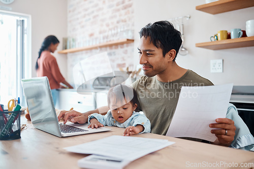 Image of Man, baby or laptop finance in house or home kitchen and insurance paper, investment documents or fintech accounting software. Happy smile, asian father and down syndrome boy, son and child with tech