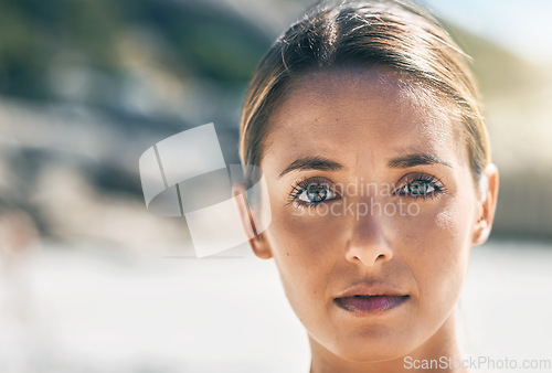 Image of Portrait of woman with serious face at the beach, thinking and determined. Inspiration, motivation and vision of girl with thoughtful expression in nature. Mockup for wellness, mindful and freedom