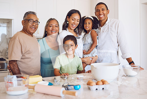 Image of Grandparents, kids and happy family baking in the house with children or siblings learning to bake cakes or cookies. Senior woman, old man and mom with father teaching a boy and a girl cooking skills