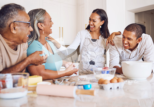 Image of Black family, happy and kitchen, baking with elderly in Houston home bonding. Family, smile and elderly with cooking in comic, funny and time together for food, sweets and dessert to bake cookies