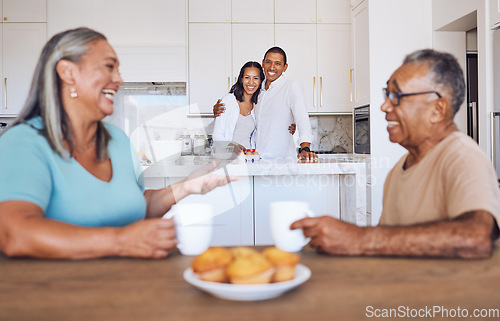 Image of Family, coffee and senior parents talking at living room table with children listening to their story in house. Comic and elderly man and woman speaking about retirement with drink of tea and kids