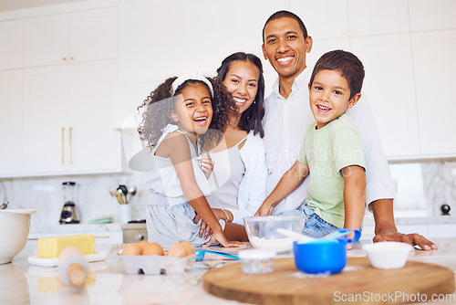 Image of Baking, family bonding and happy in the kitchen for learning development and relationship growth. Black people spend quality time together, ingredients to bake and smile while cooking at home.
